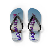 Flip-flops with "Laguna Beach" text and ocean sunset background.