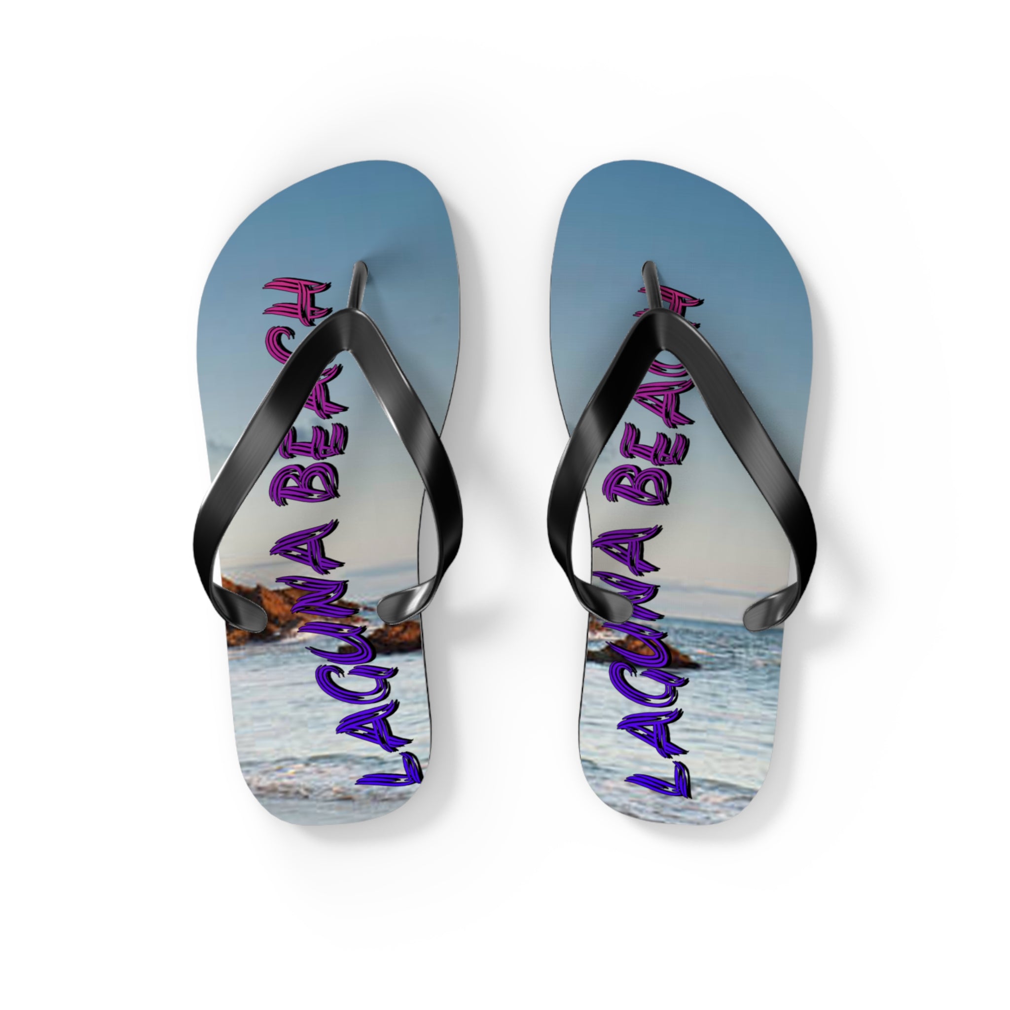 Flip-flops with "Laguna Beach" text and ocean sunset background.