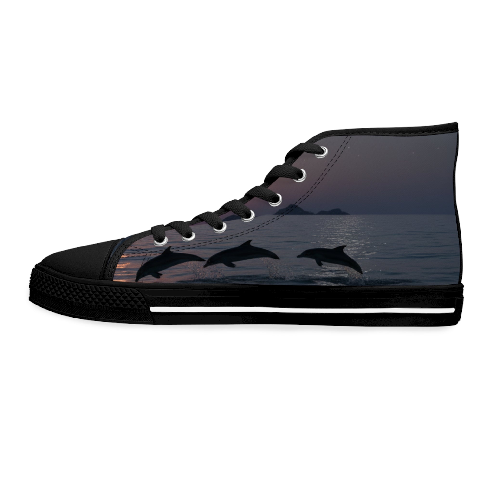 High-top canvas shoe with three leaping dolphins at sunset.