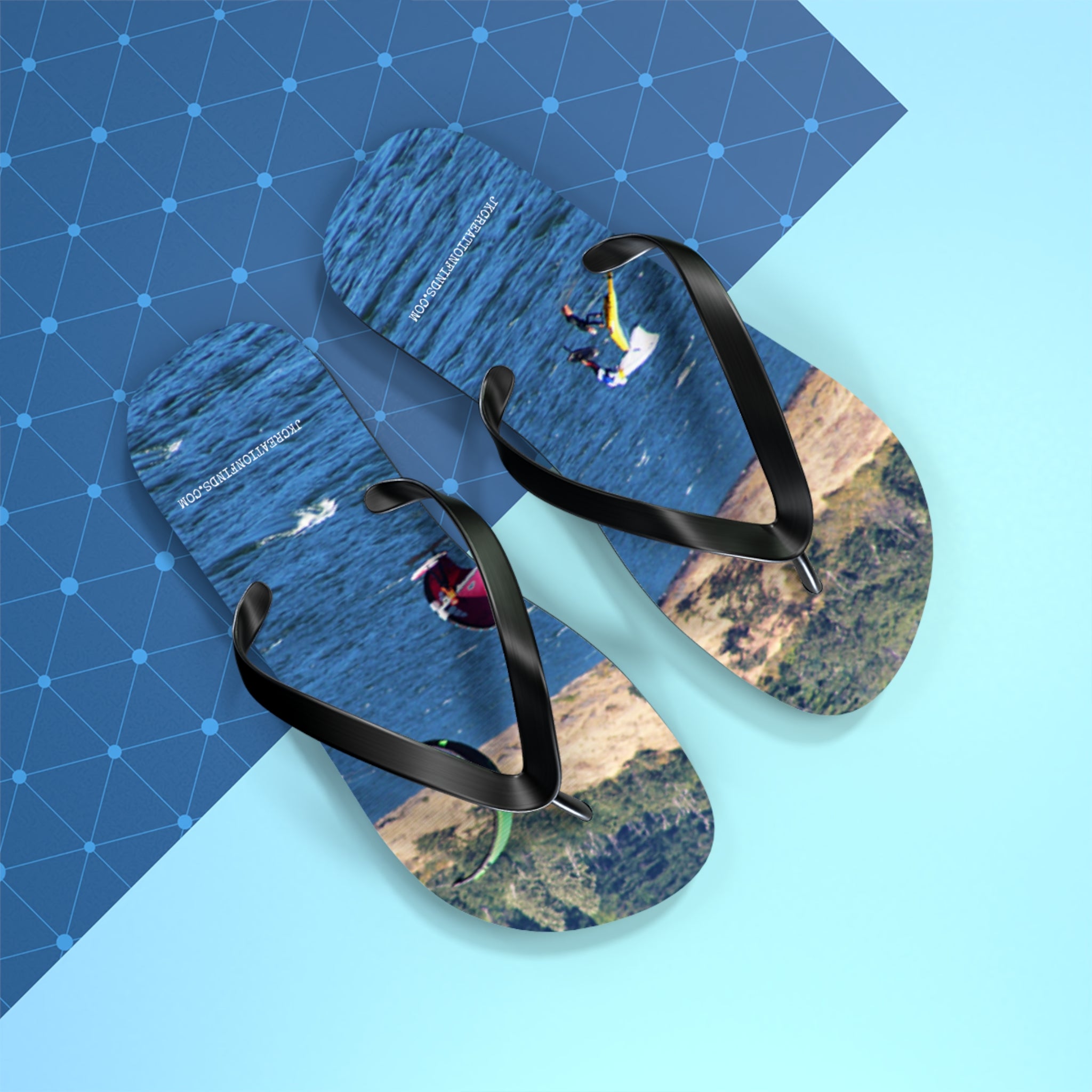 Flip-flops with wakeboarders on ocean graphic.
