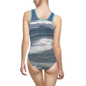 Ocean Waves Design Women's Swimsuit with Blue Trim