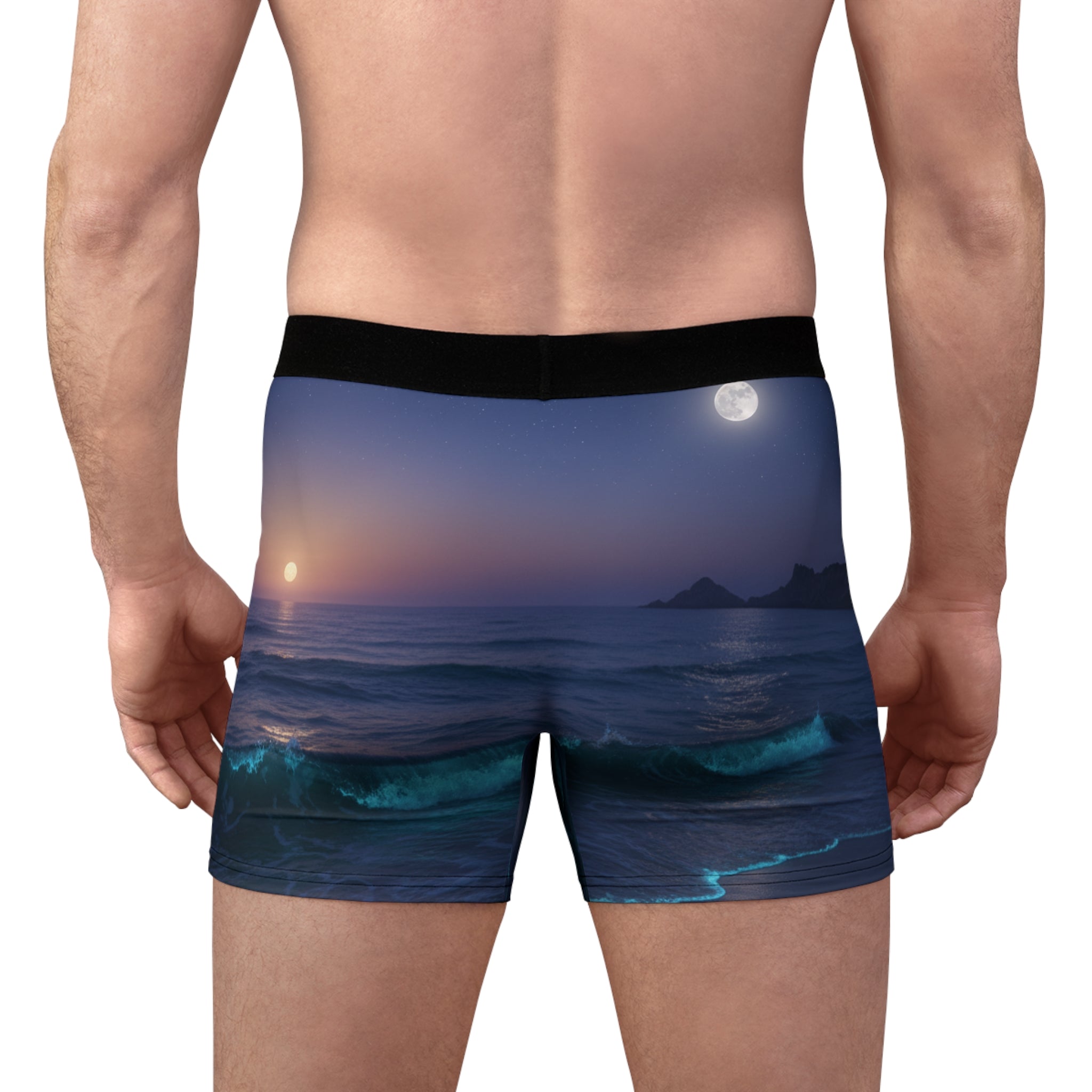 Man wearing boxer briefs with a moonlit ocean and waves scene.