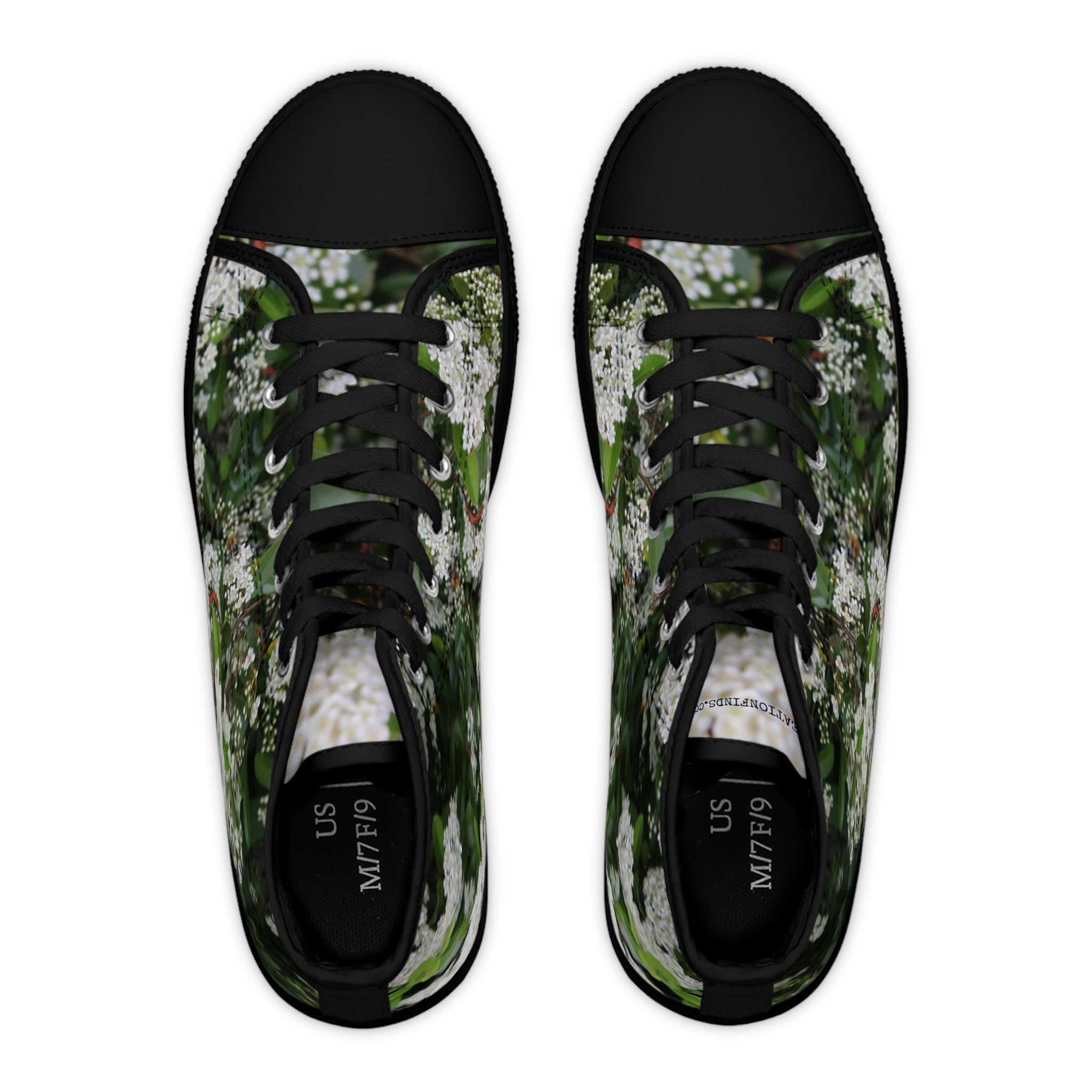 High-top sneakers with a floral pattern, US M 7 / F 9 labels visible.