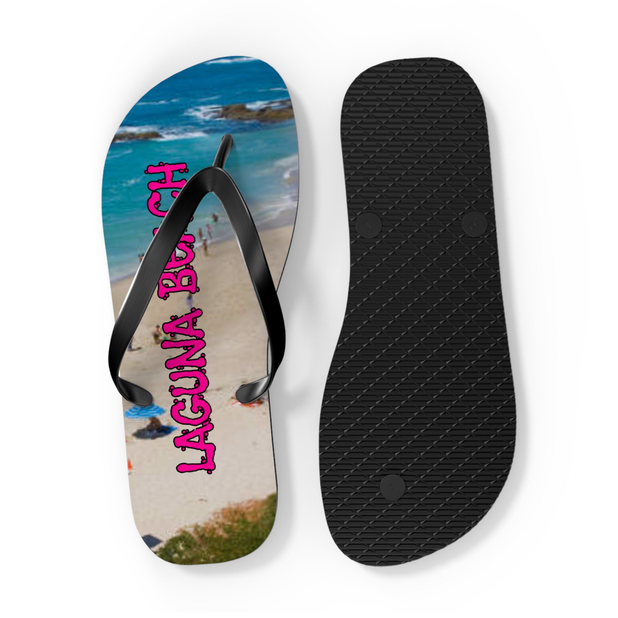 Flip-flops with "Laguna Beach" text and a beach scene on one sole.