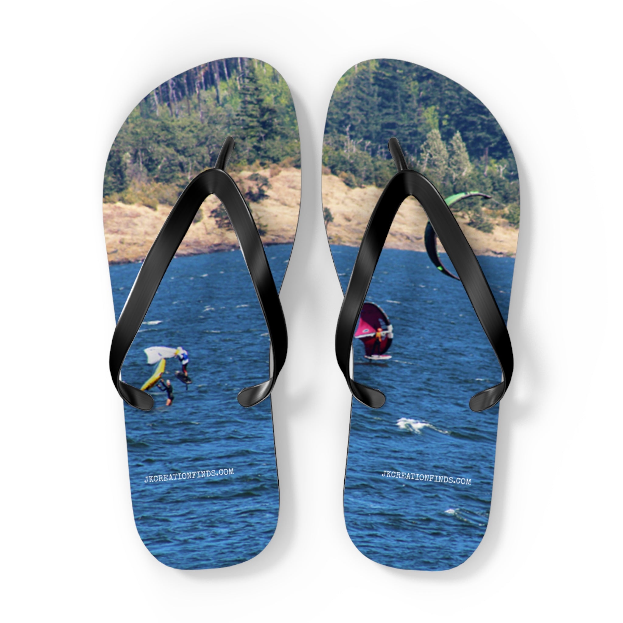 Flip-flops with a water sports scene featuring a jet skier and kite surfers.
