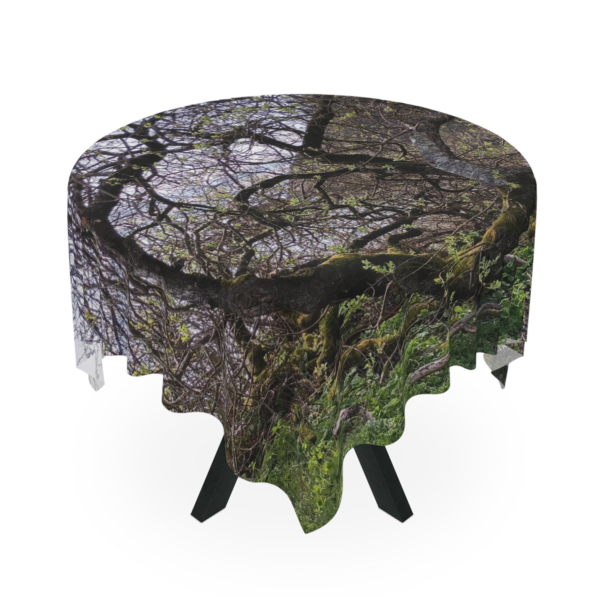 Tablecloth with a mossy tree branch pattern draped over a table.
