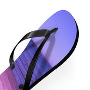 Flip-flops with a beach scene and ocean sunset on the soles.