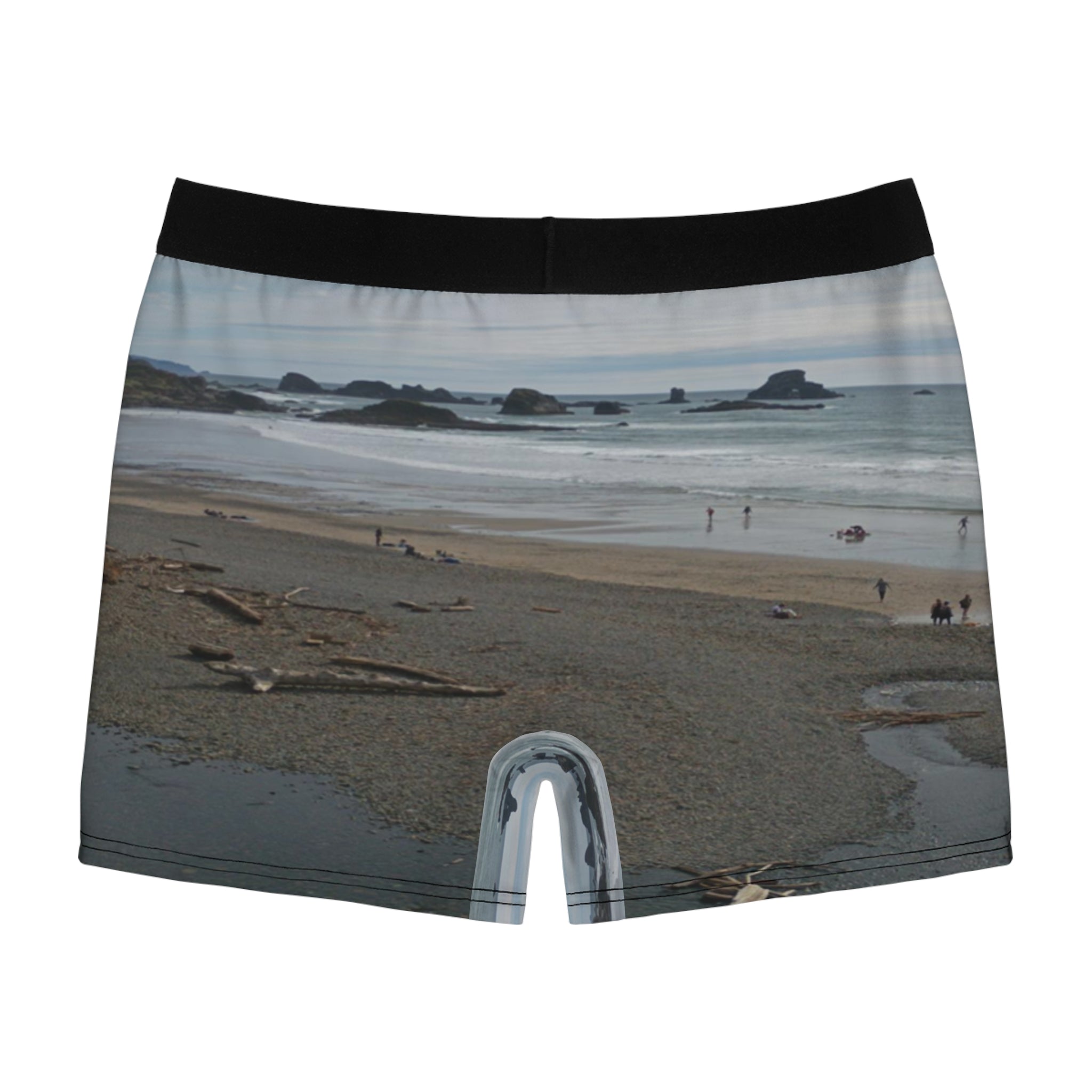 Men's boxer briefs with a beach landscape print.