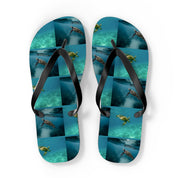 Flip-flops with a collage of sea turtles swimming underwater.