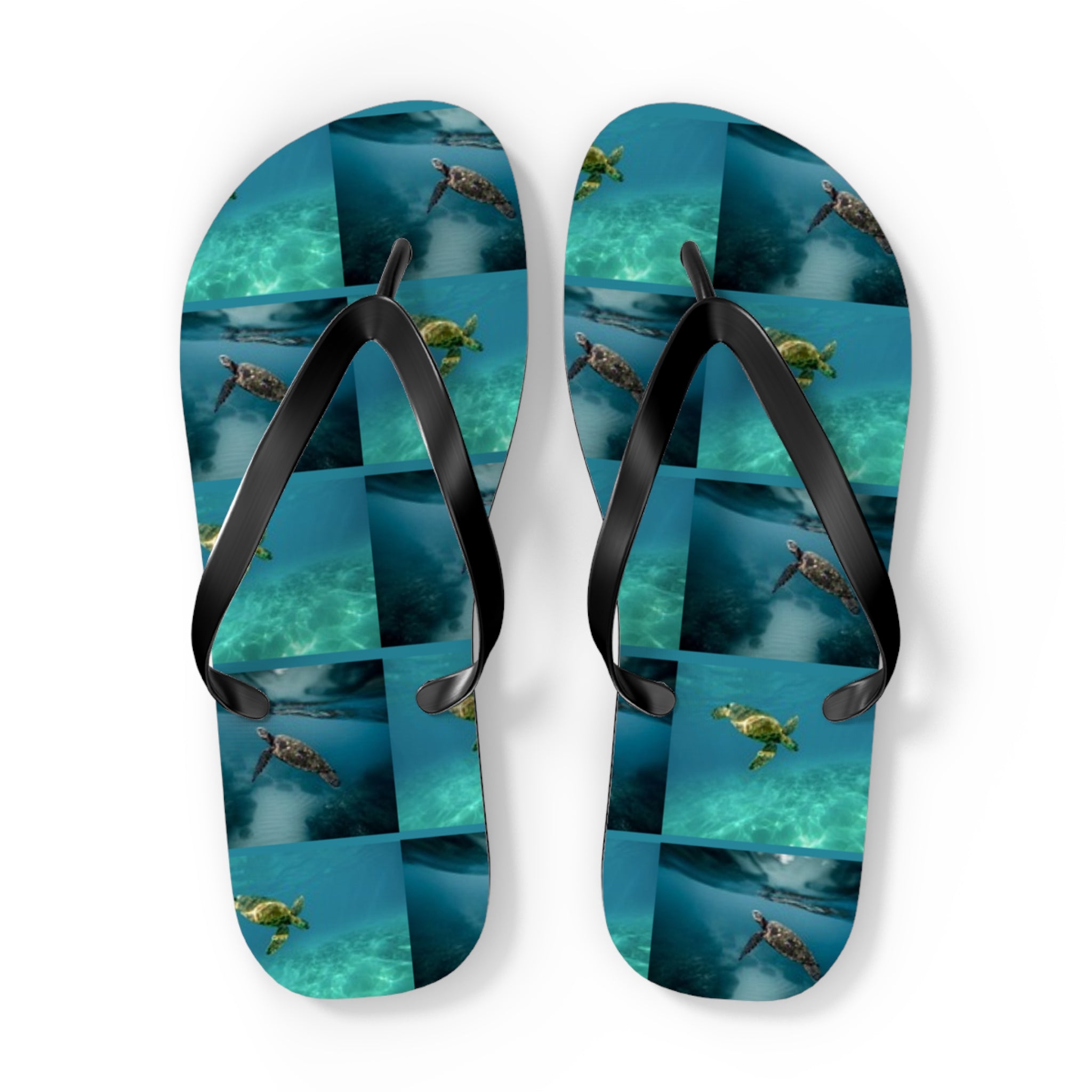 Flip-flops with a collage of sea turtles swimming underwater.