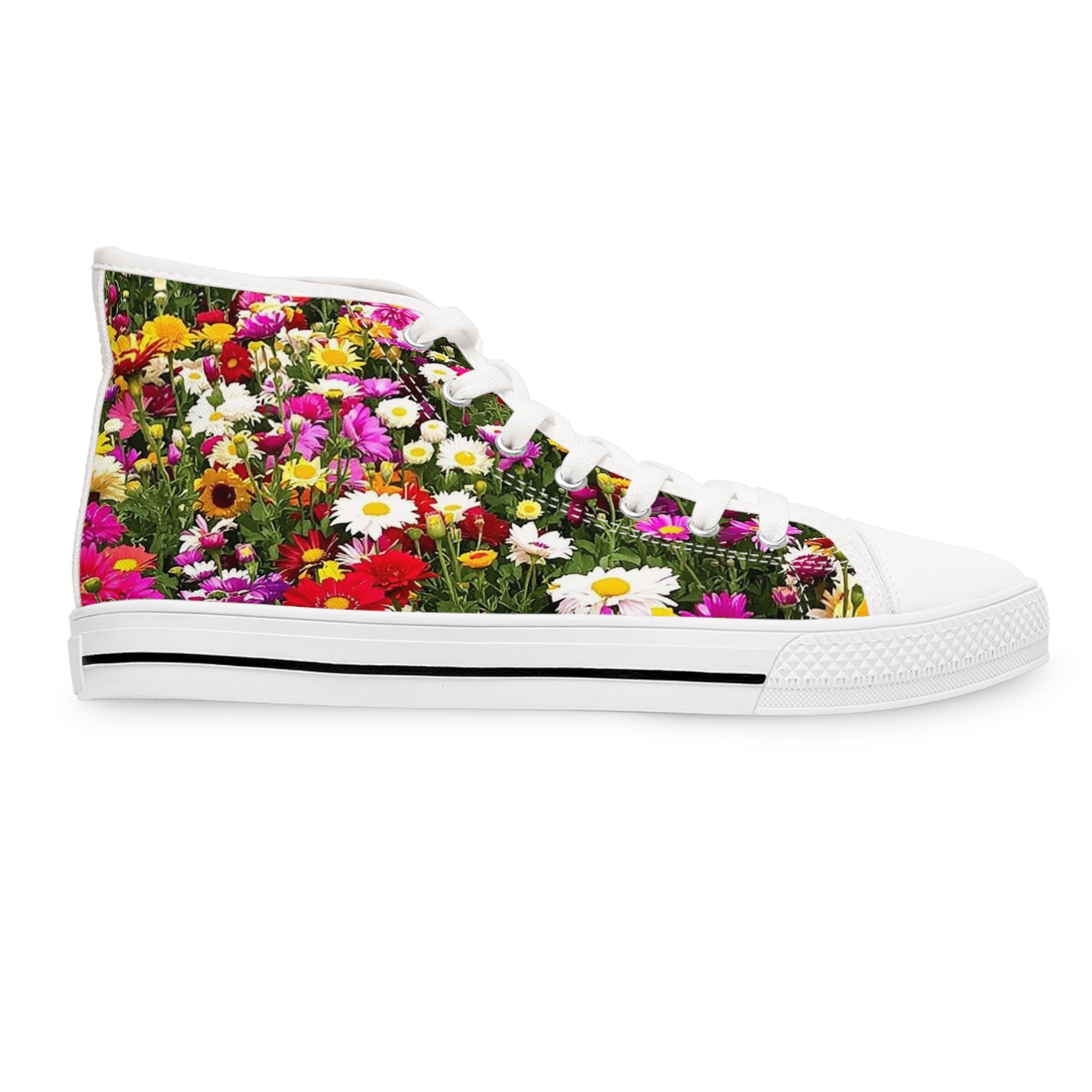 High-top sneakers with a vibrant floral print of various colorful flowers.