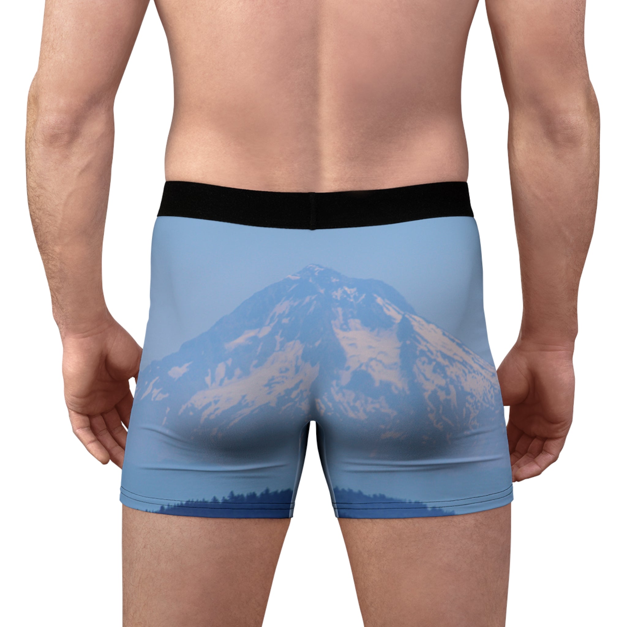 Boxer briefs with a mountain landscape print, shown on a model from behind.