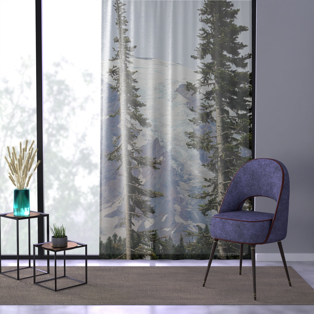 Mountain Window Curtains, Pine Tree Decor, Glacial Peak Art, Landscape Drapery, Scenic Nature Print, Rustic Cabin Home Decor, Mount Rainier