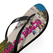 Black flip-flop with "LAGUNA BEACH" text and a crowded beach scene.