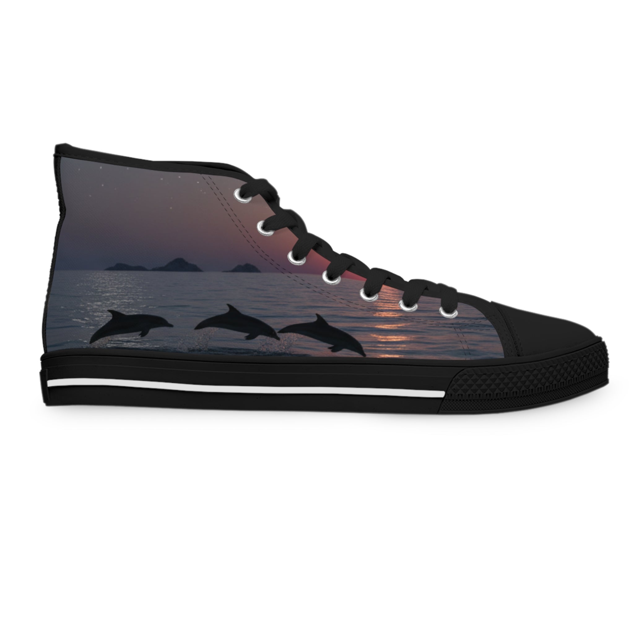 High-top sneakers with leaping dolphins at sunset on the side panels.