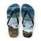 Flip-flops with a rocky shore and ocean waves design.