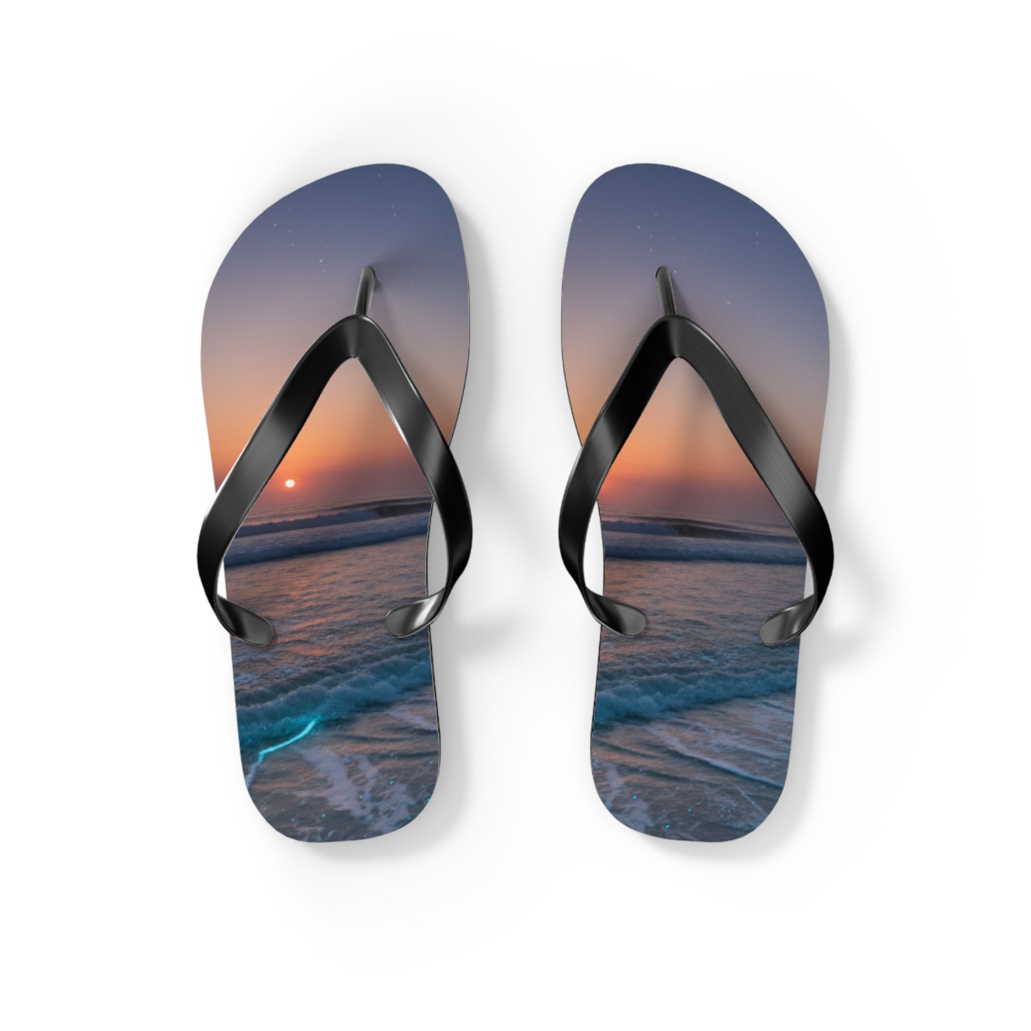 Flip-flops with a sunset beach scene printed on the soles.
