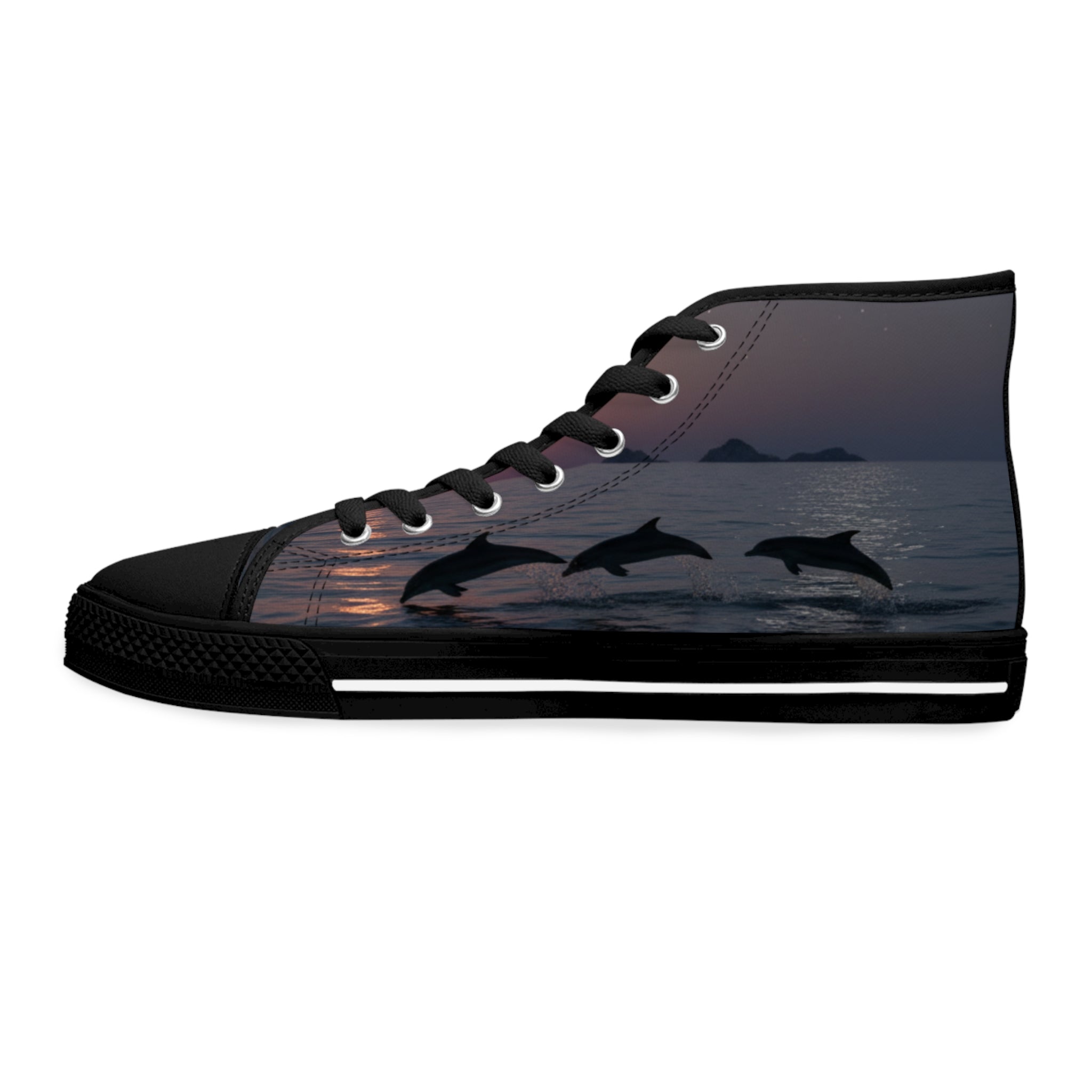 Black high-top sneaker with leaping dolphins against a sunset ocean scene.