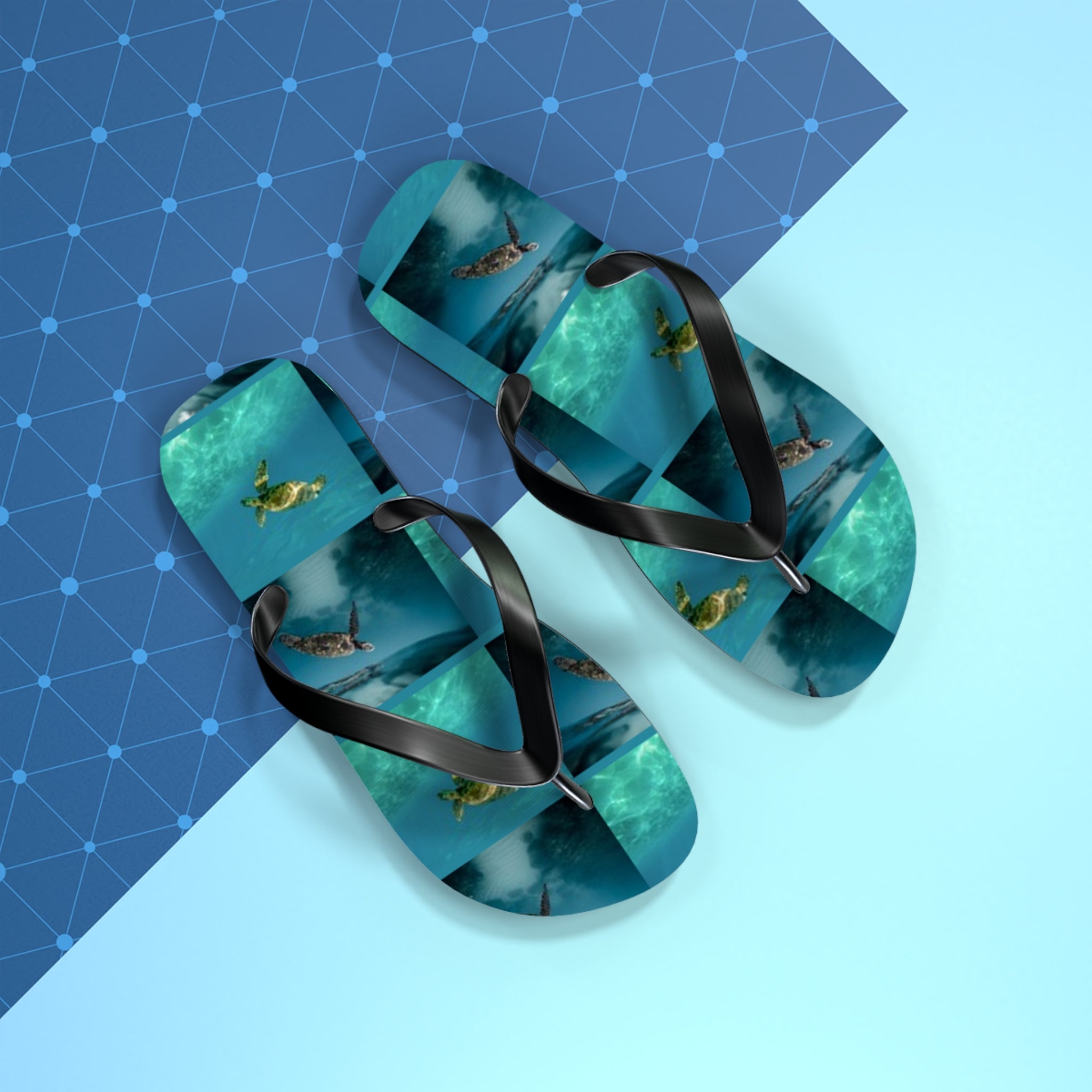 Flip-flops with sea turtles swimming underwater.