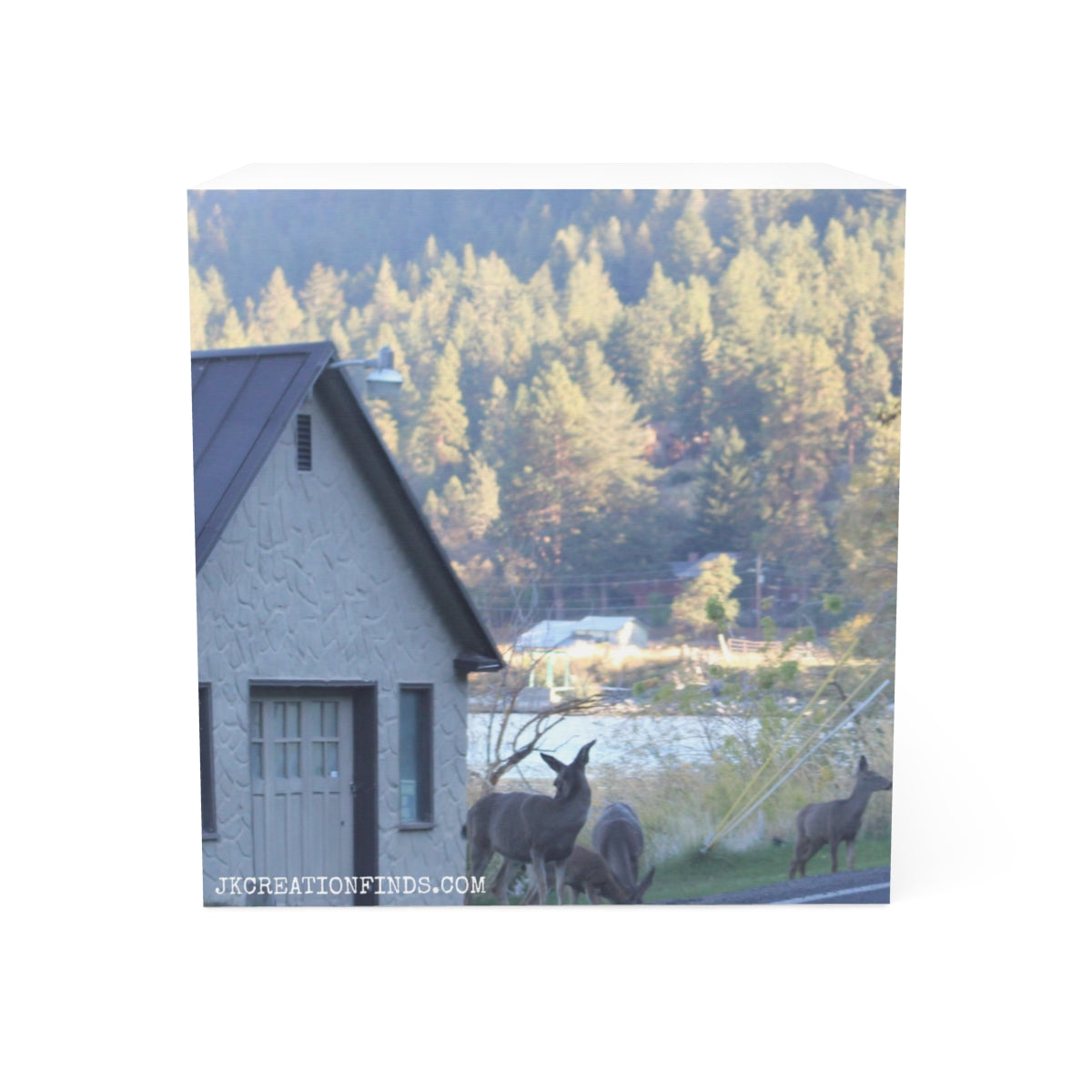 Mountain Cabin With Deer Scenic Landscape Print