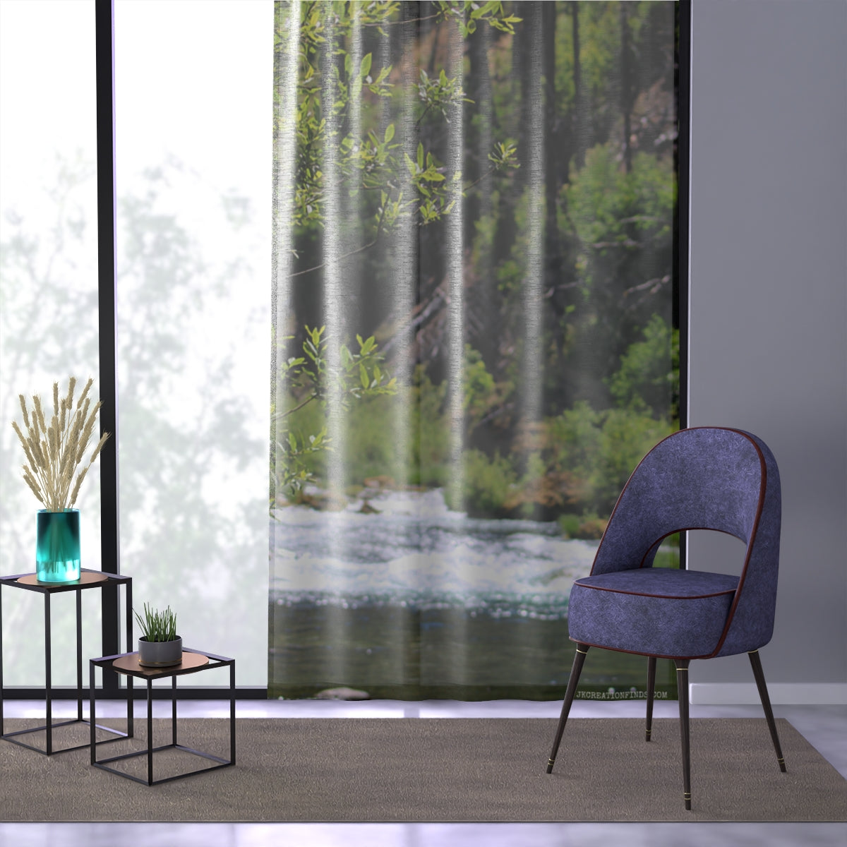 River Window Curtain, Nature Landscape Home Decor, Water Flowing Sunlight, Forest Scene Drape, Scenic View Window Covering, Indoor Outdoor