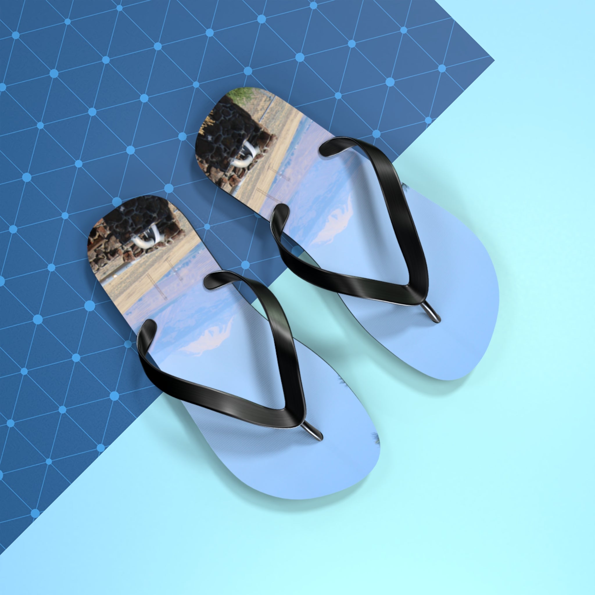 Light blue flip-flops with a desert landscape print on a blue background.
