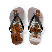Laguna Beach flip-flops with sunset background and palm trees.