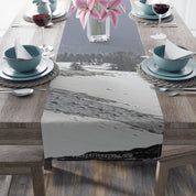 Abstract gray and white pattern table runner with "JKCREATIONSFINDS.COM" text.