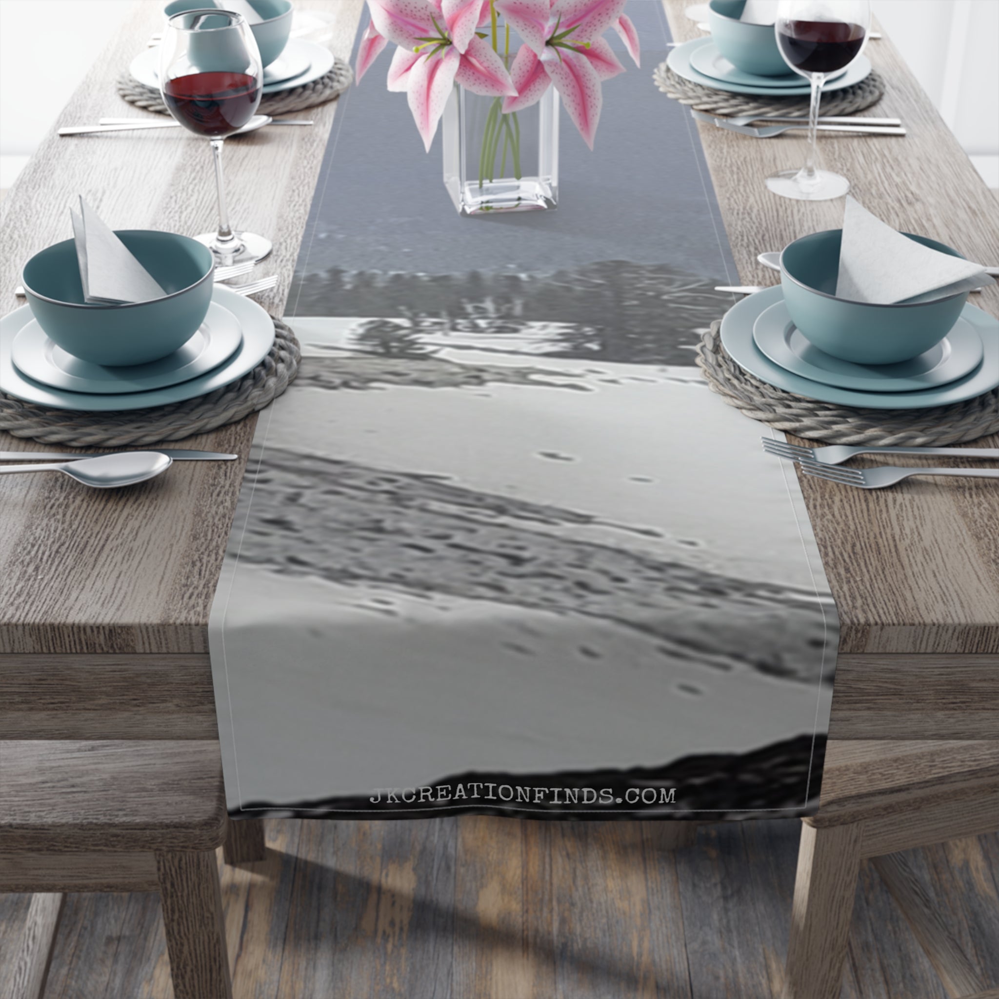 Abstract gray and white pattern table runner with "JKCREATIONSFINDS.COM" text.