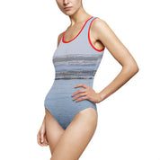 Red Trim One-Piece Swimsuit with Beach Scene Print