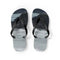 Black flip-flops with a black and white landscape print.