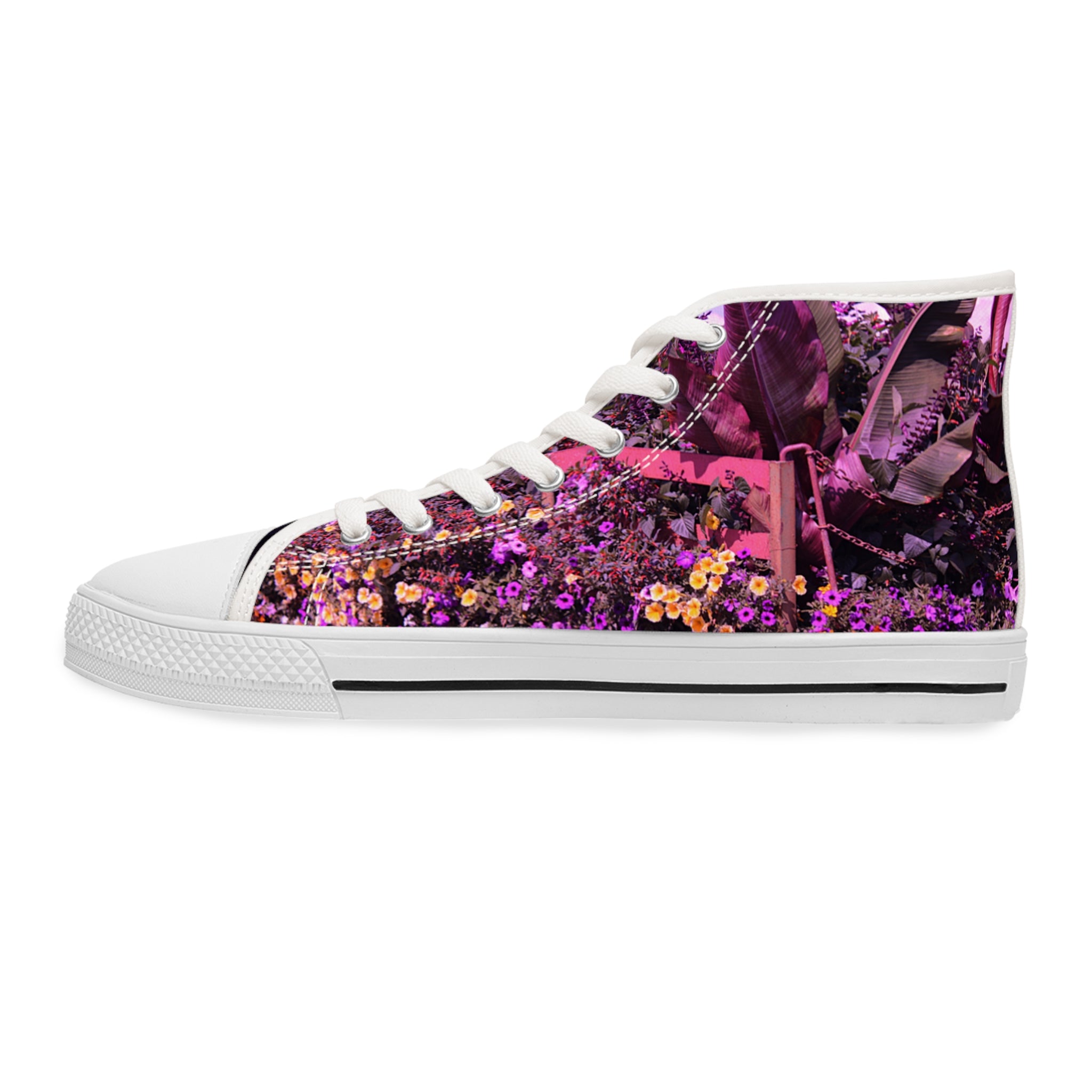 High-top sneaker with a floral and leafy pattern.