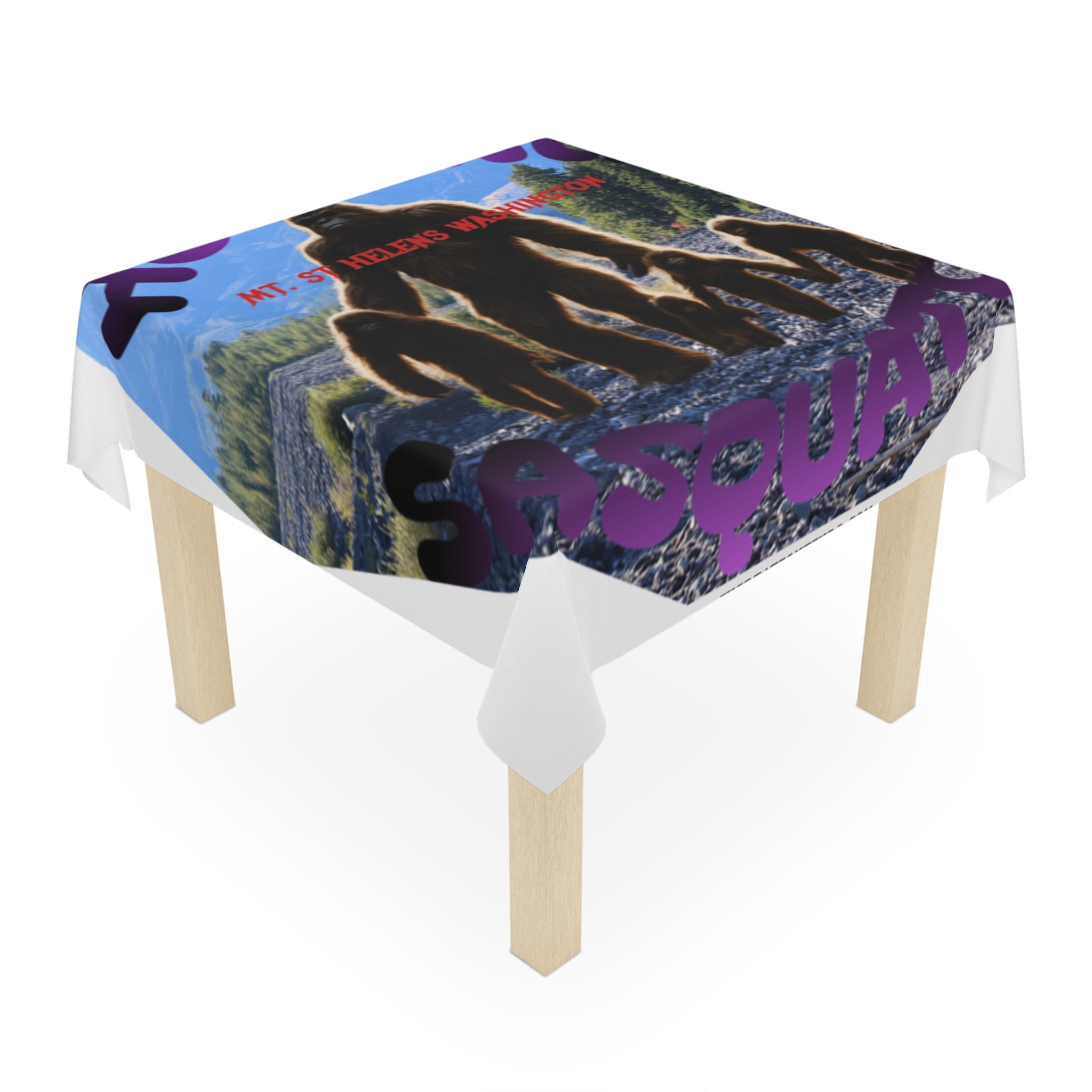 Tablecloth with Bigfoot family graphic and "Sasquatch" text, Mt. St. Helens Washington.
