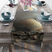Table runner with close-up of animal fur and a website URL.