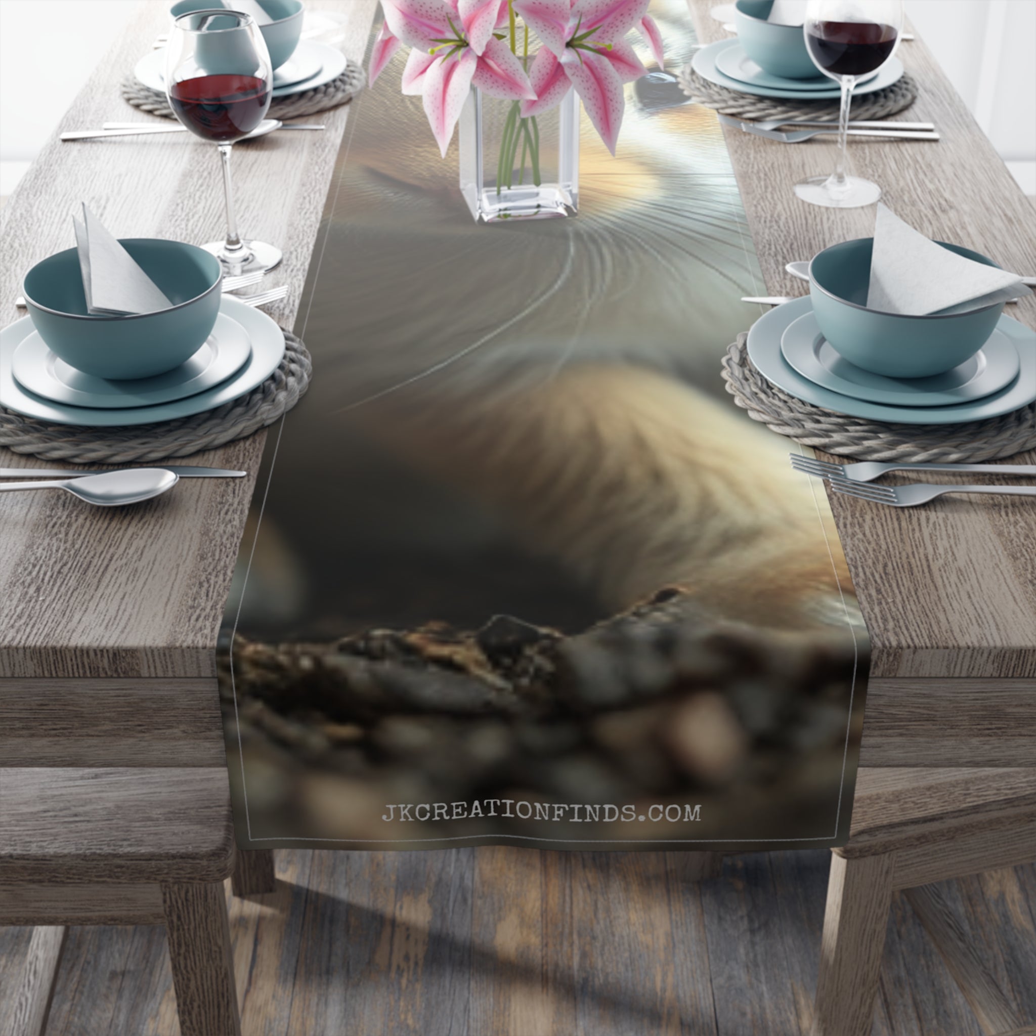 Table runner with close-up of animal fur and a website URL.