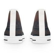 White high-top sneakers with a sunset ocean horizon design.