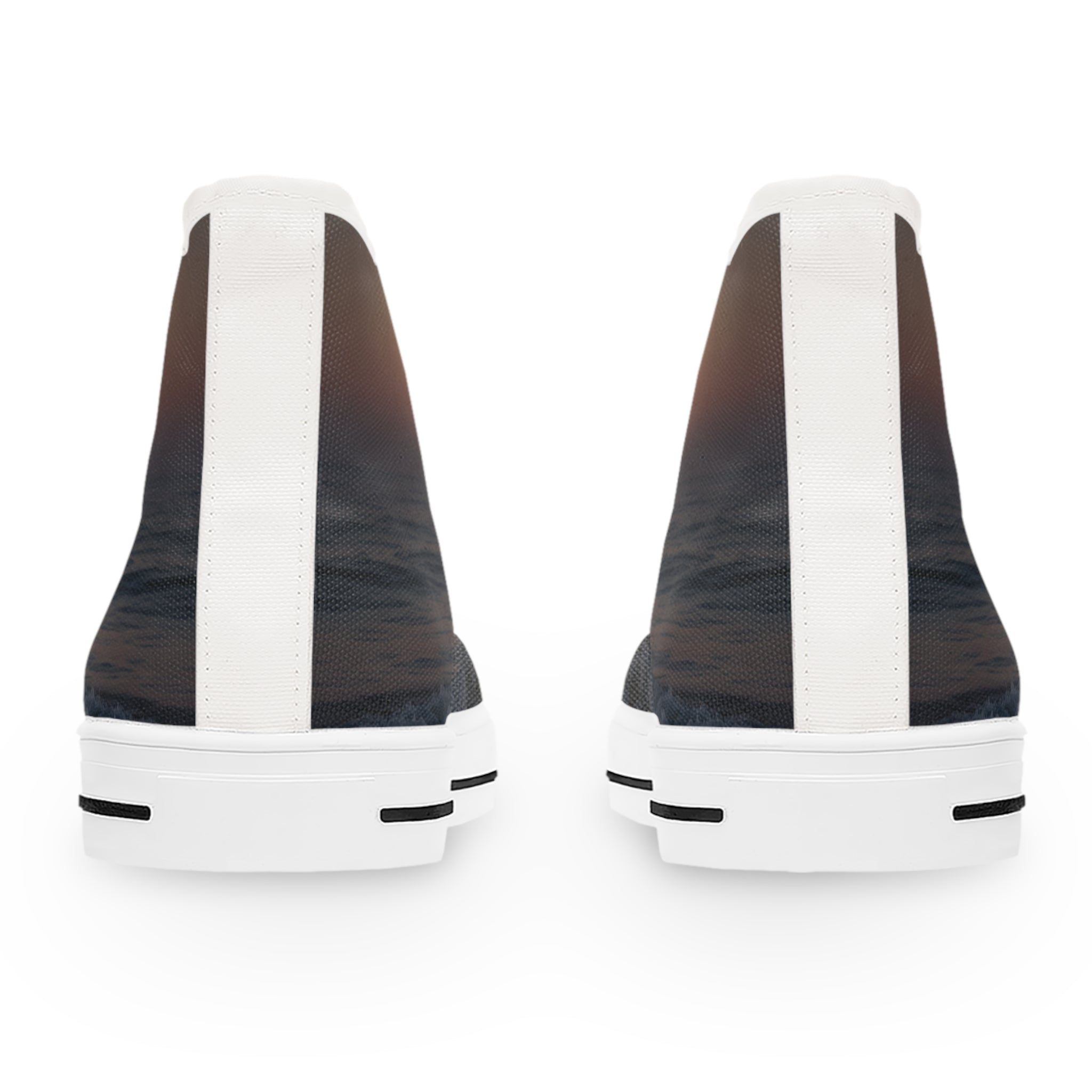 White high-top sneakers with a sunset ocean horizon design.