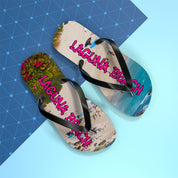 Flip-flops with "Laguna Beach" text and aerial view of a beach scene.