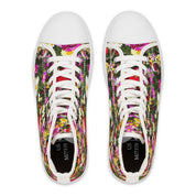 High-top canvas sneakers with a colorful floral print.