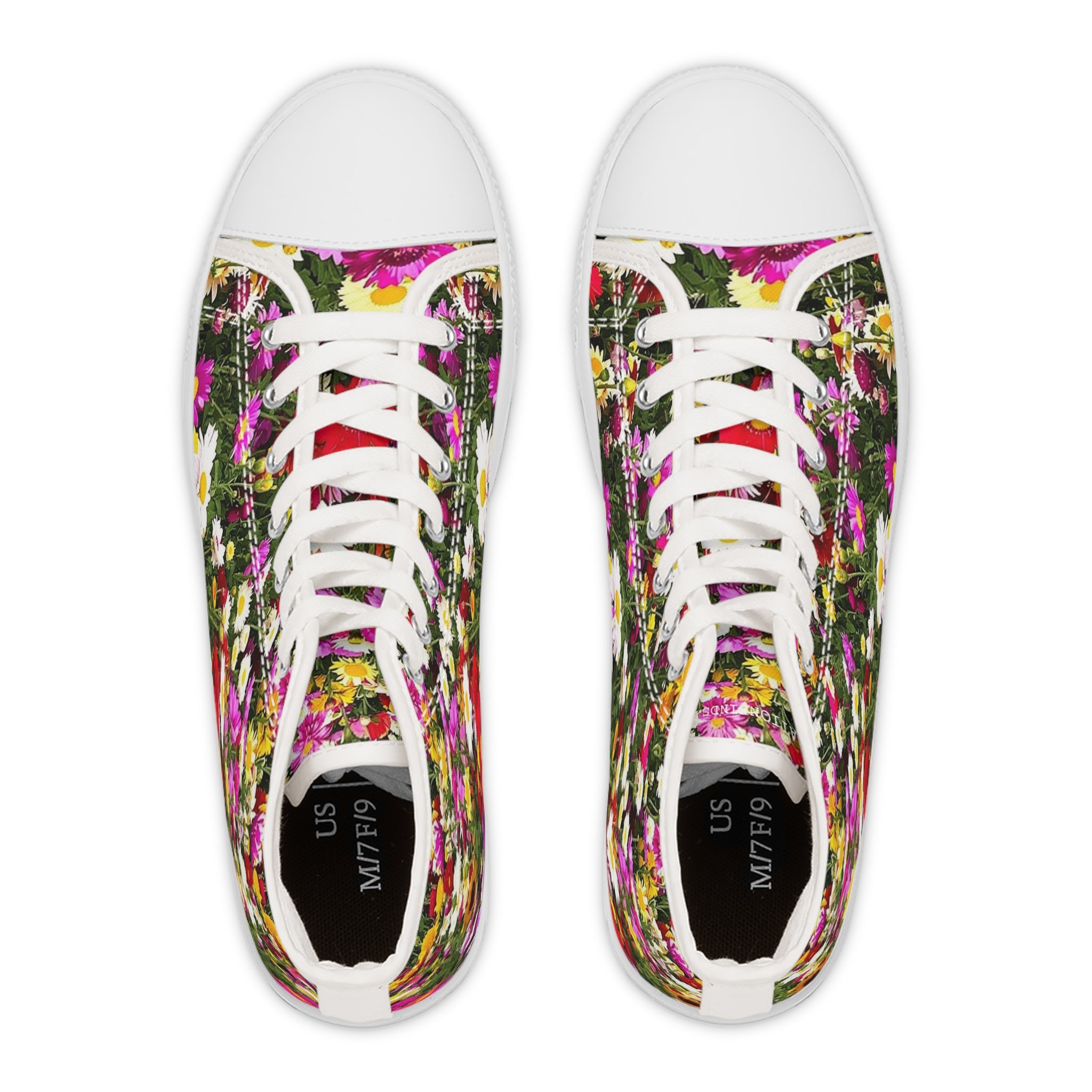 High-top canvas sneakers with a colorful floral print.