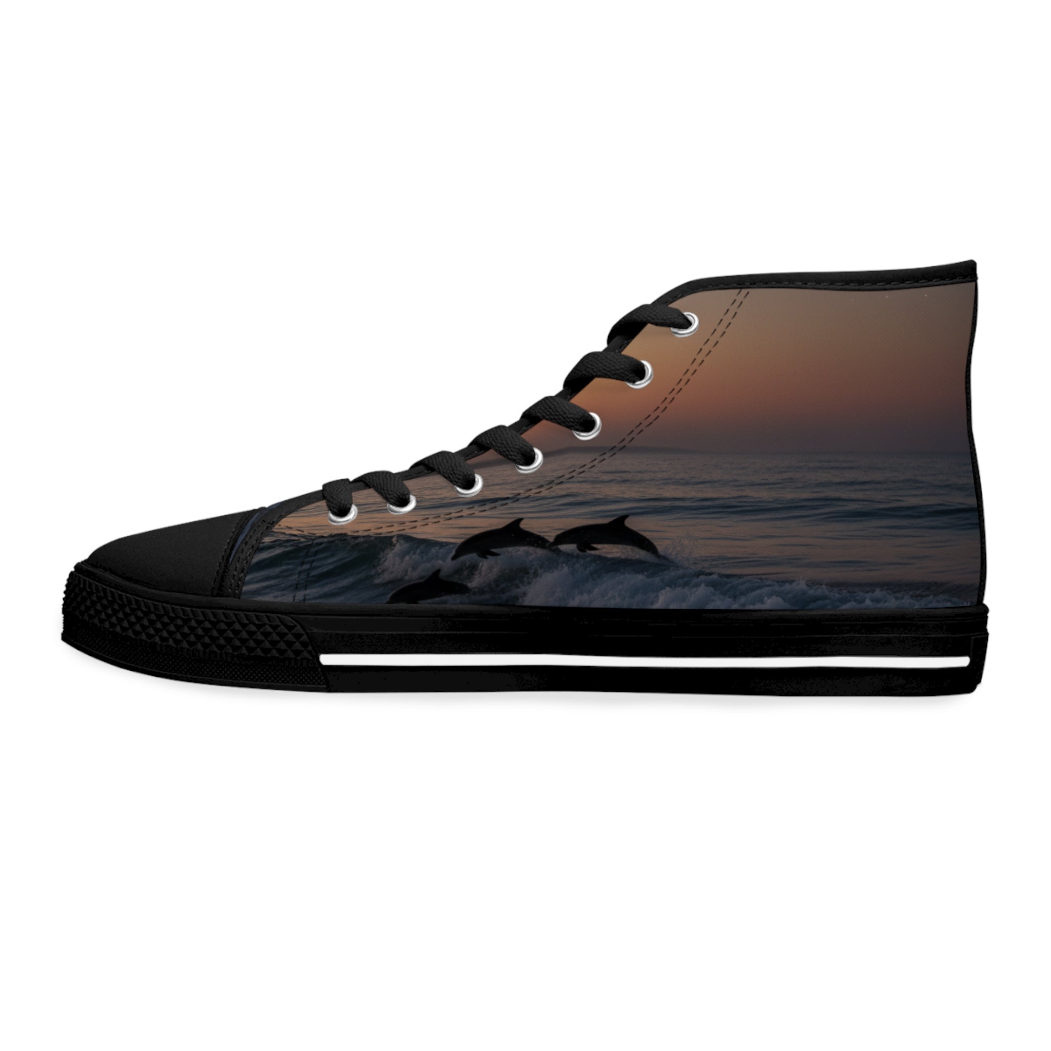 Black high-top sneakers with dolphins jumping out of waves at sunset.