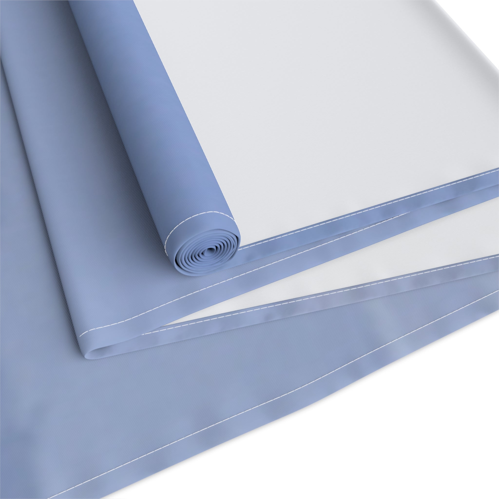 Rolled light blue fabric with white stitching and white fabric.