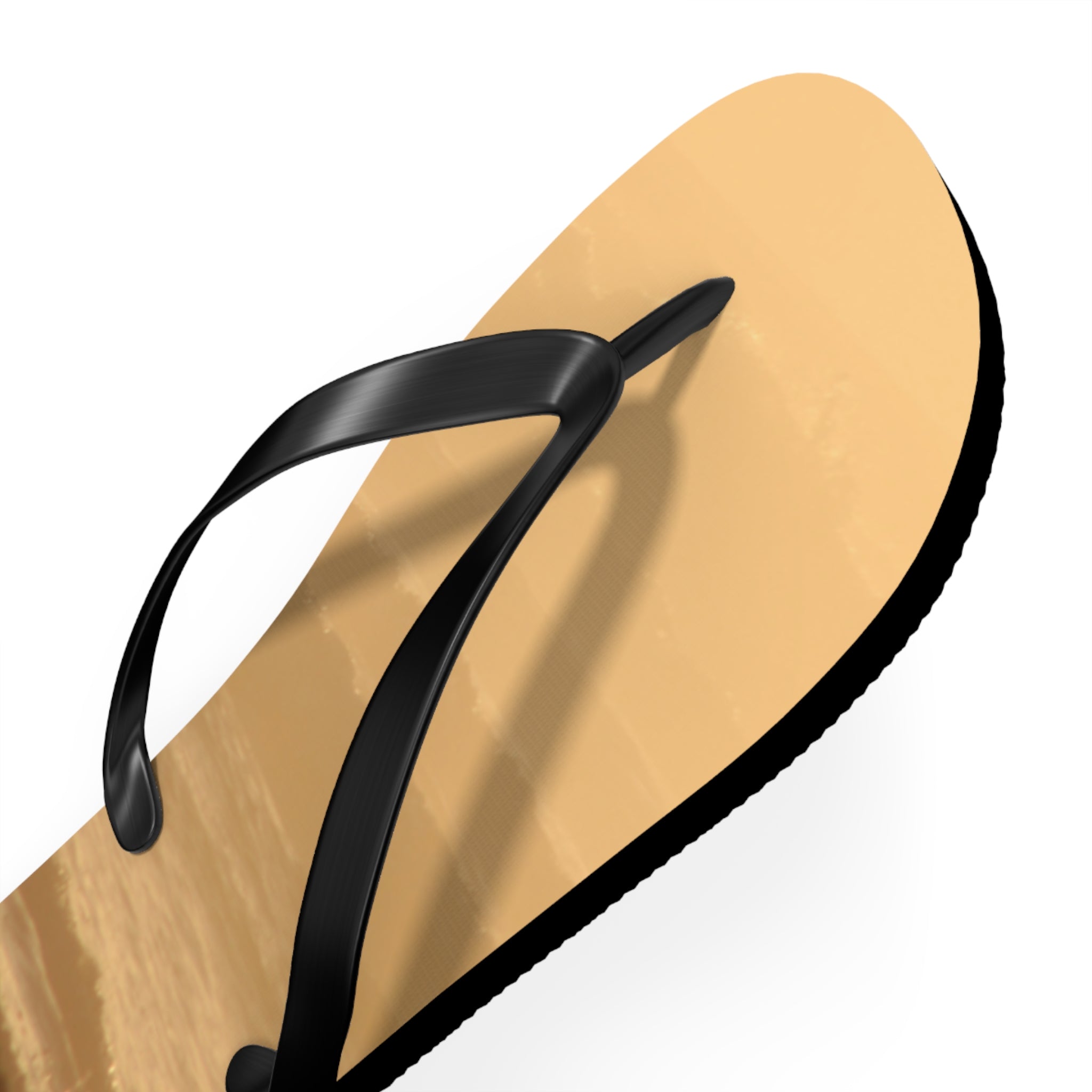 Brown flip-flop with black straps, close-up view, against a white background.