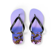 Lavender flip-flops with a seascape and foliage design.