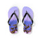 Lavender flip-flops with a seascape and foliage design.