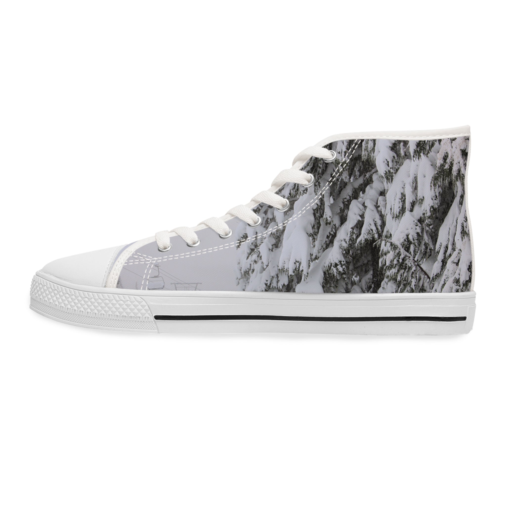 High-top sneaker with snow-covered mountain and ski lift graphic.