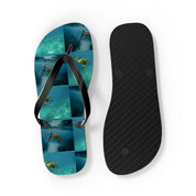 Flip-flops featuring sea turtles swimming in turquoise water.