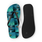 Flip-flops with a collage of sea turtles swimming in turquoise water.
