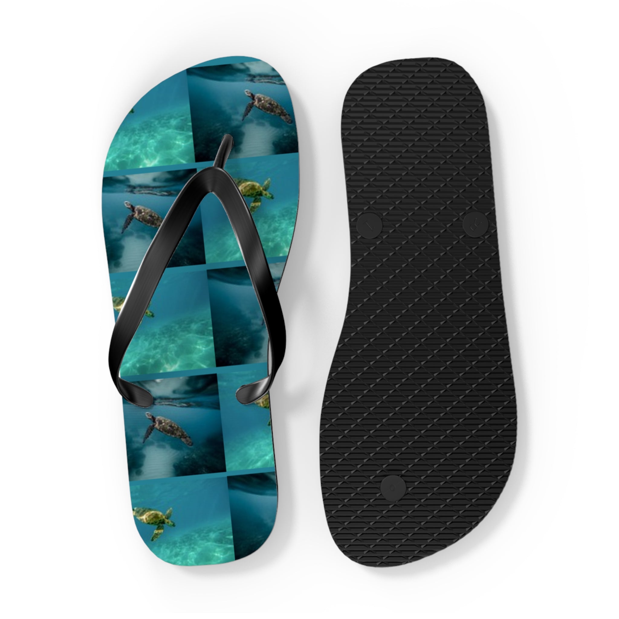 Flip-flops with a collage of sea turtles swimming in turquoise water.