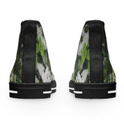 Black high-top sneakers with white floral pattern on a white background.
